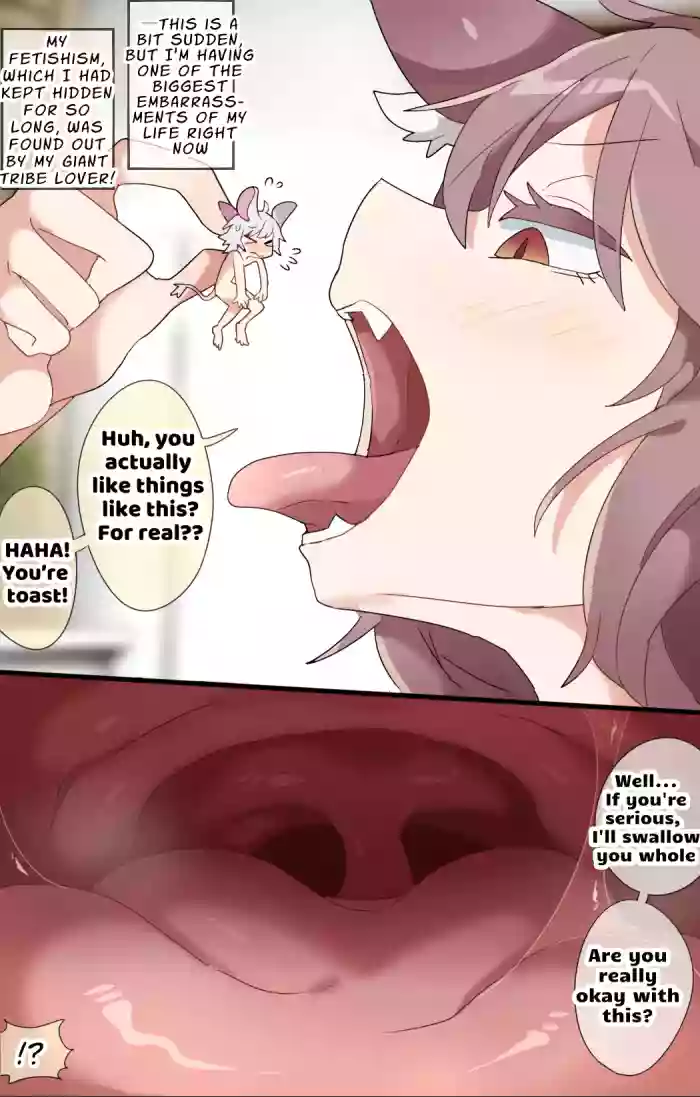 A vore manga of a giant girl with animal ears swallowing her tiny lover whole while cursing him